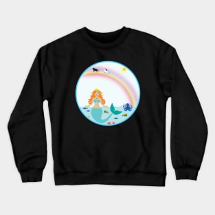 Mermaid in Sea with fish octopus crabs turtles unicorns and rainbow Crewneck Sweatshirt